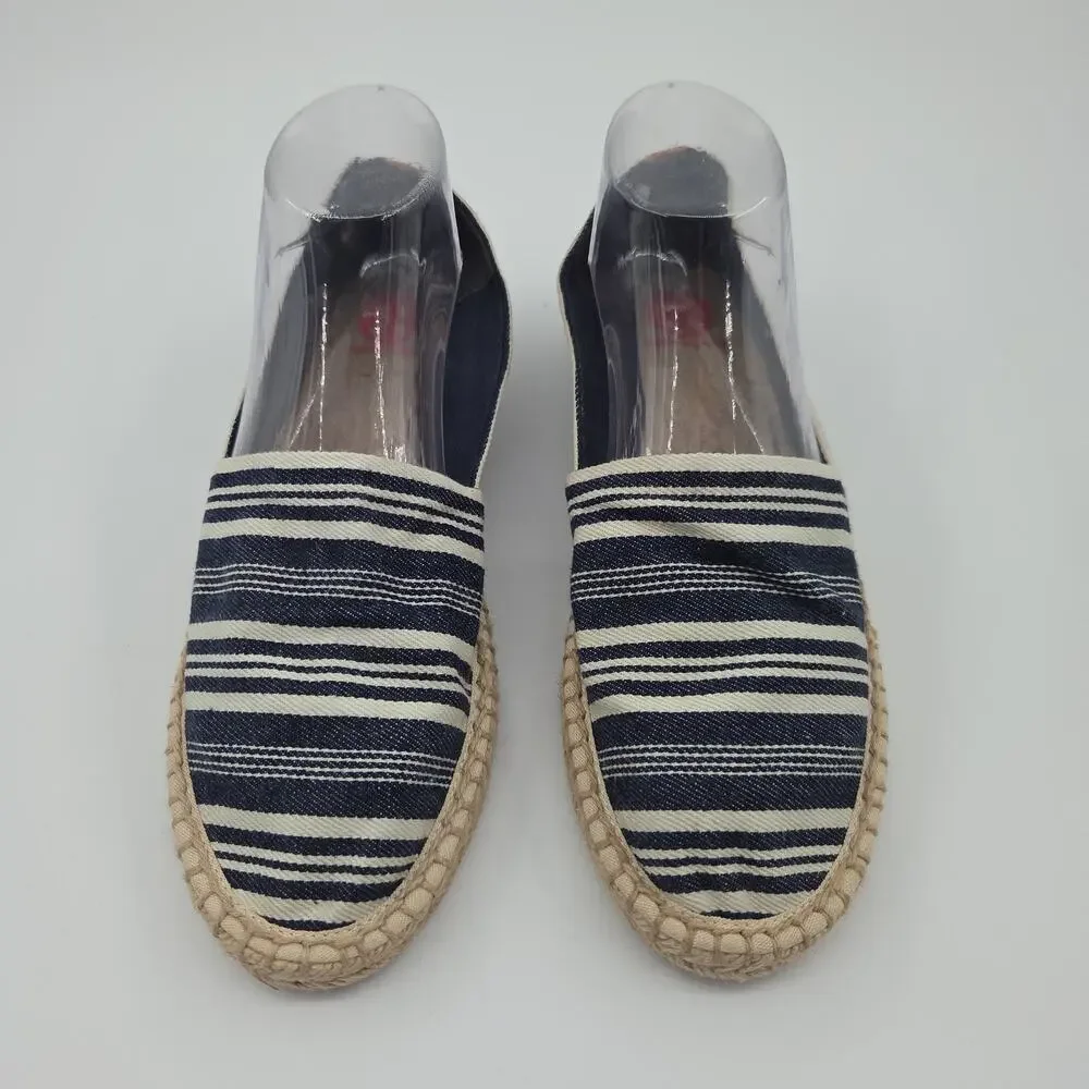 Tory Burch Espadrille Flats 9 Navy White Stripe Canvas Slip On Coastal‎ Preppy